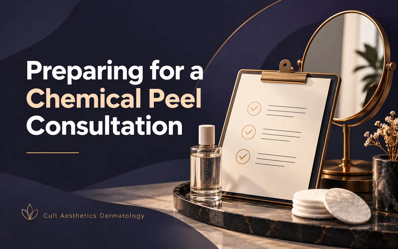 Preparing for a chemical peel consultation, illustrated with a checklist, mirror and skincare items.