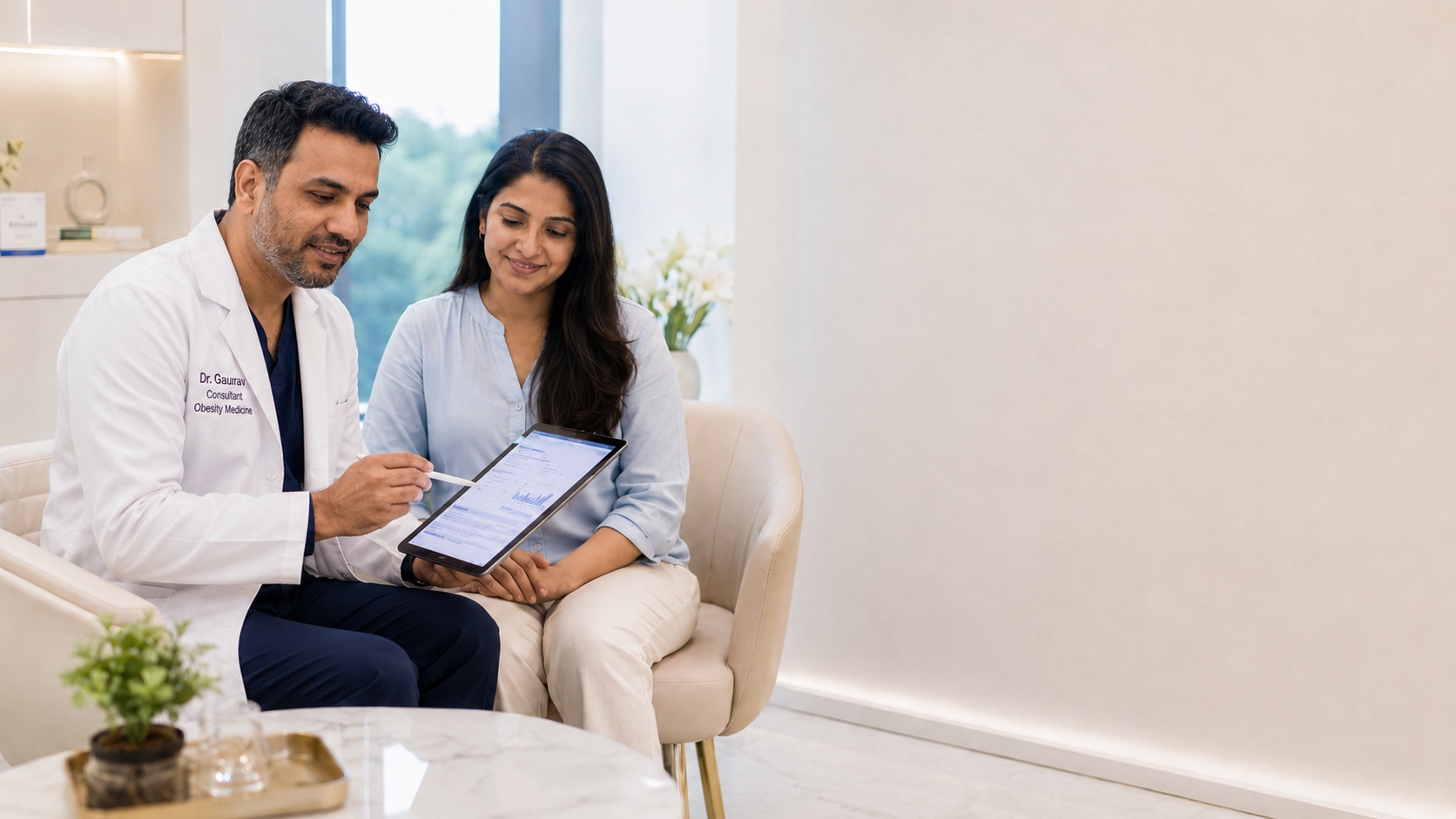 Doctor in a white coat shows a tablet to a woman seated on a beige sofa, as they review information together in a bright clinic lobby.