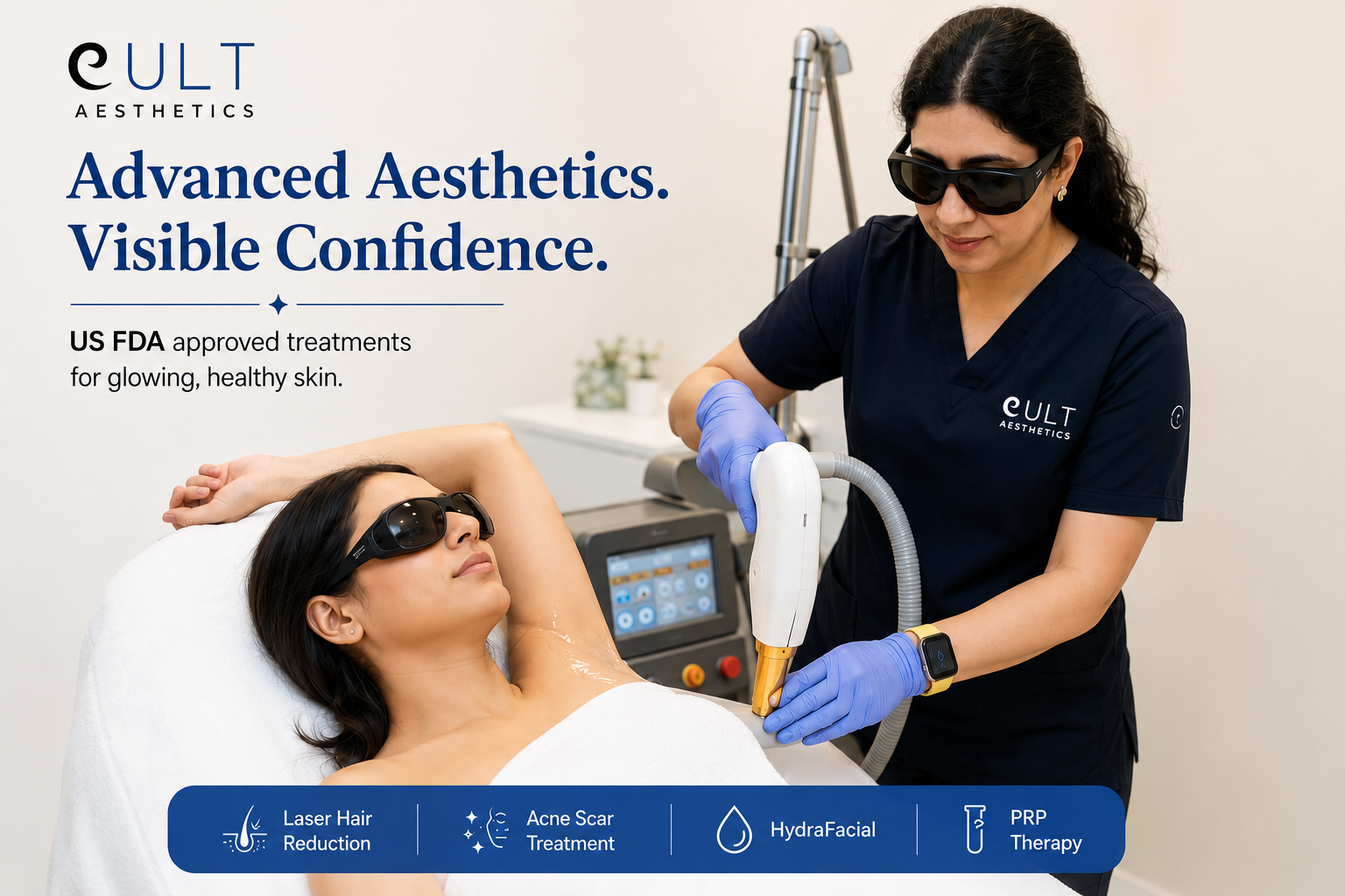 Laser hair reduction treatment in progress at Cult Aesthetics Dermatology, Sector 46, Gurgaon — Dr Jaspreet Gulati performing diode laser session on patient