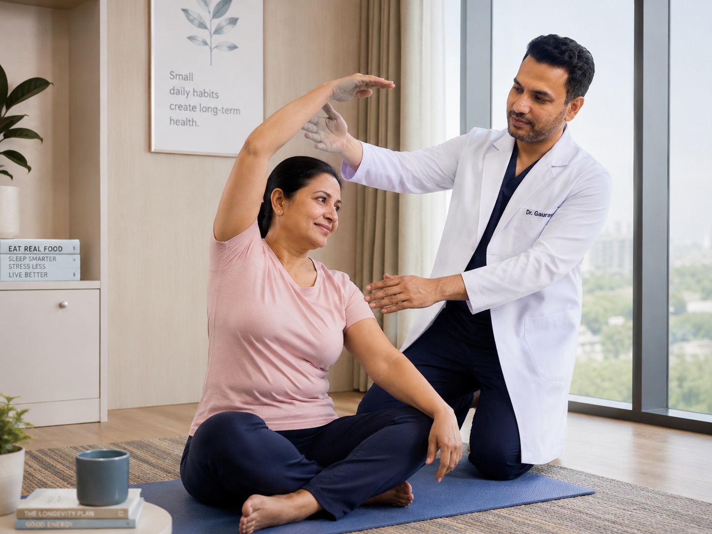 Healthcare professional in a white coat guides a seated woman through an overhead arm stretch on a blue mat in a bright room.
