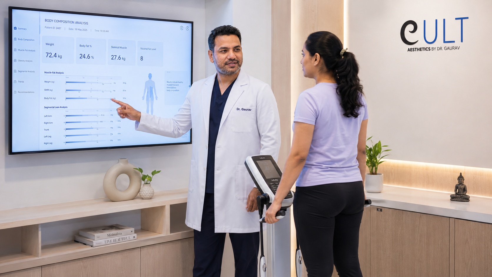 Male doctor in a white coat explains body composition data on a large screen to a female patient in a modern clinic, with CULT Aesthetics branding visible.
