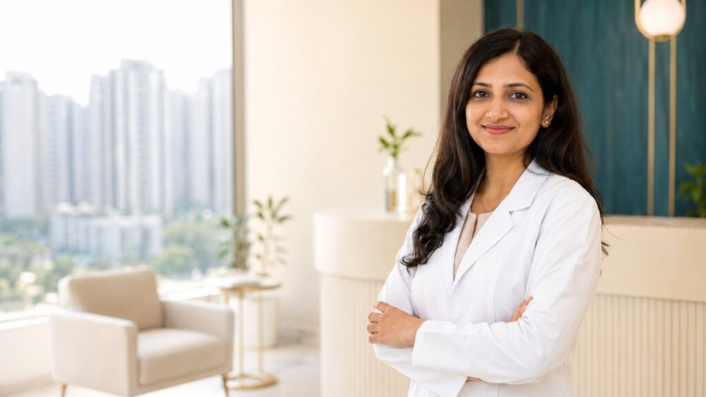 Dermatologist MD welcoming patients at a skin clinic in Sector 46, Gurgaon