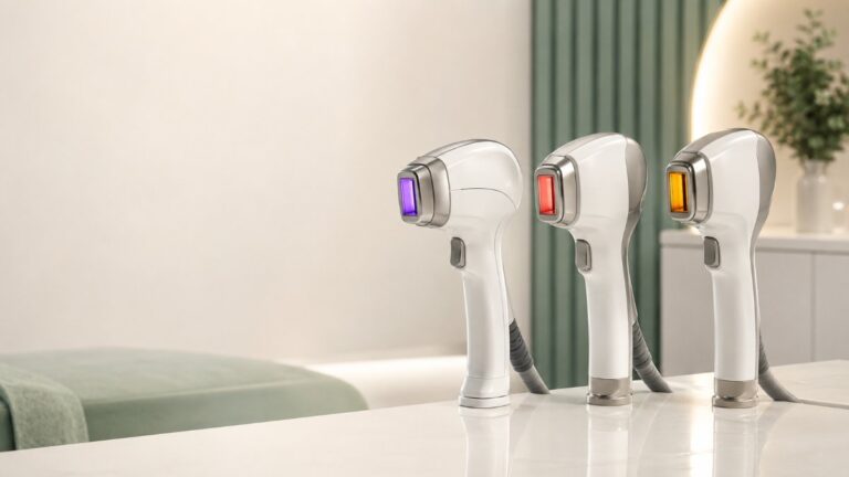 Three laser hair removal machines - Alexandrite, Diode and Nd:YAG handpieces - at a dermatology clinic in India
