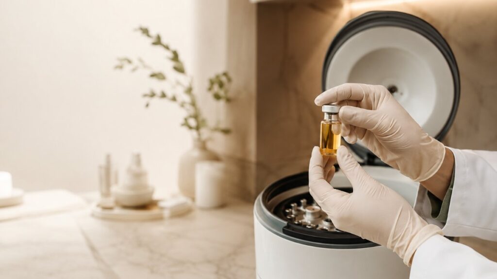 Dermatologist holding golden GFC serum vial beside a centrifuge for skin rejuvenation in Gurgaon
