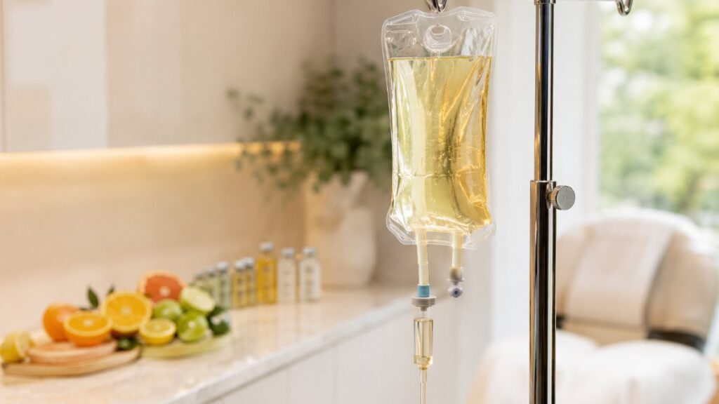 Vitamin-infused IV drip bag prepared for therapy at a Gurgaon dermatology clinic