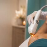 Close-up of a laser hair removal handpiece on a patient's underarm at a dermatology clinic near DLF Phase 1, Gurgaon