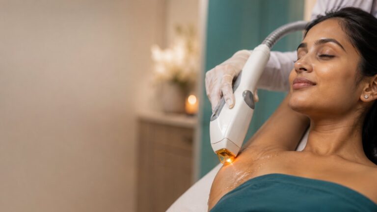 Laser hair removal handpiece during treatment