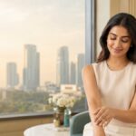 Woman with smooth skin relaxing at a dermatology clinic lounge near Golf Course Road, Gurgaon