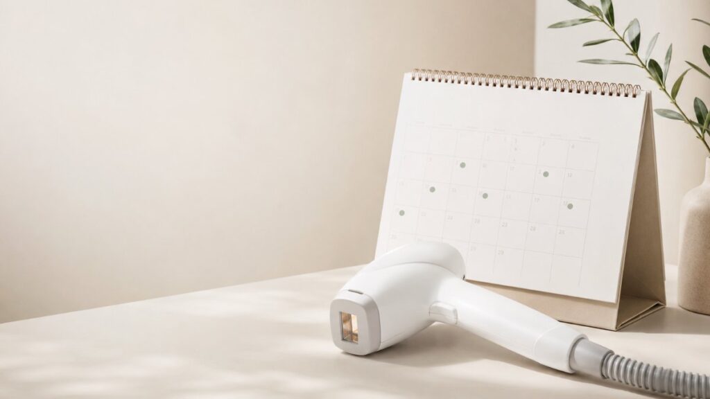 Laser handpiece beside a calendar marking six to eight laser hair removal sessions at a Gurgaon dermatology clinic