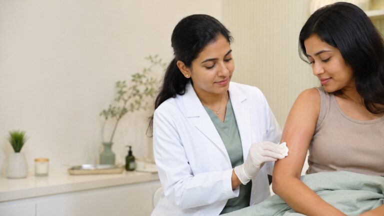 Dermatologist applying soothing gel to mild redness on a patient's arm after laser hair removal