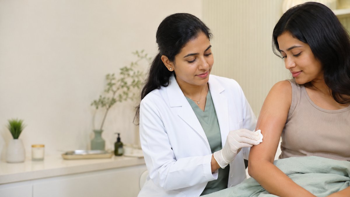 Dermatologist applying soothing gel to mild redness on a patient's arm after laser hair removal