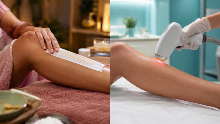 Laser hair removal vs waxing comparison on a woman's leg - wax strip versus laser handpiece