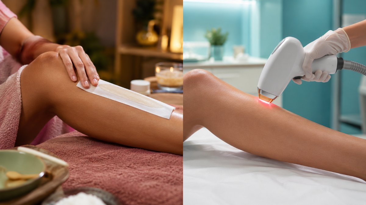Laser hair removal vs waxing comparison on a woman's leg - wax strip versus laser handpiece