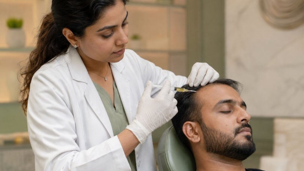Dermatologist performing PRP scalp injection for hair regrowth at a Gurgaon clinic