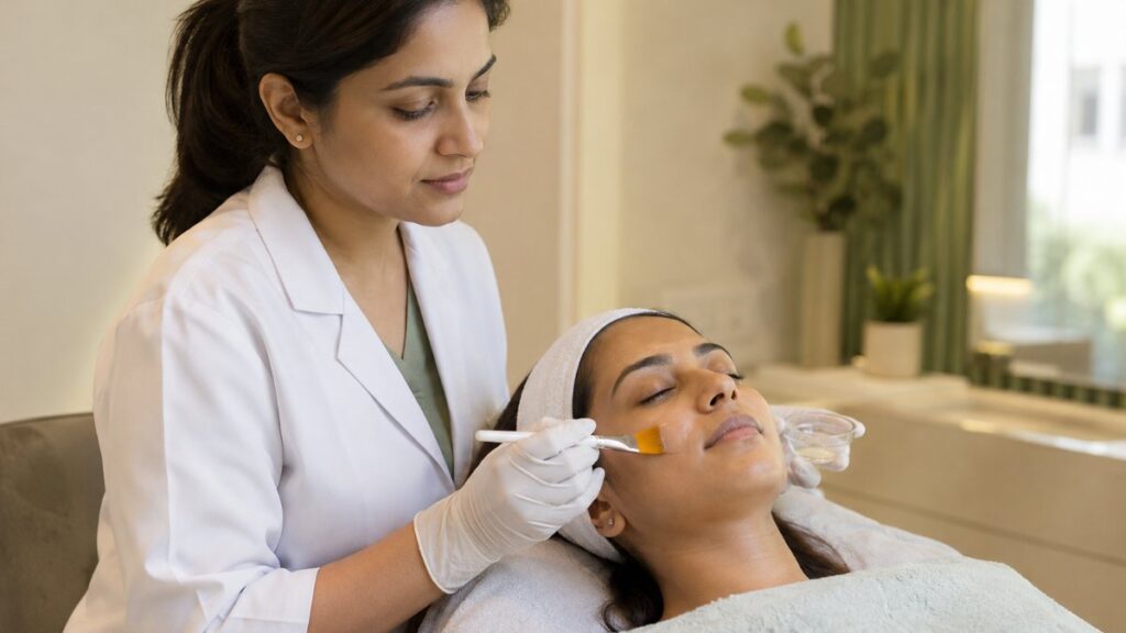 Dermatologist applying a brightening peel during a skin brightening procedure in Gurgaon