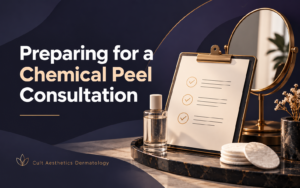 Preparing for a chemical peel consultation, illustrated with a checklist, mirror and skincare items.