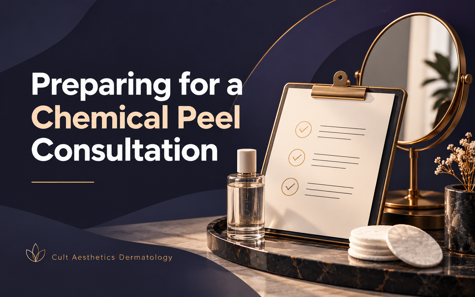 Preparing for a chemical peel consultation, illustrated with a checklist, mirror and skincare items.