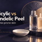 Salicylic vs mandelic peel for acne-prone skin, illustrated with skincare bottles.