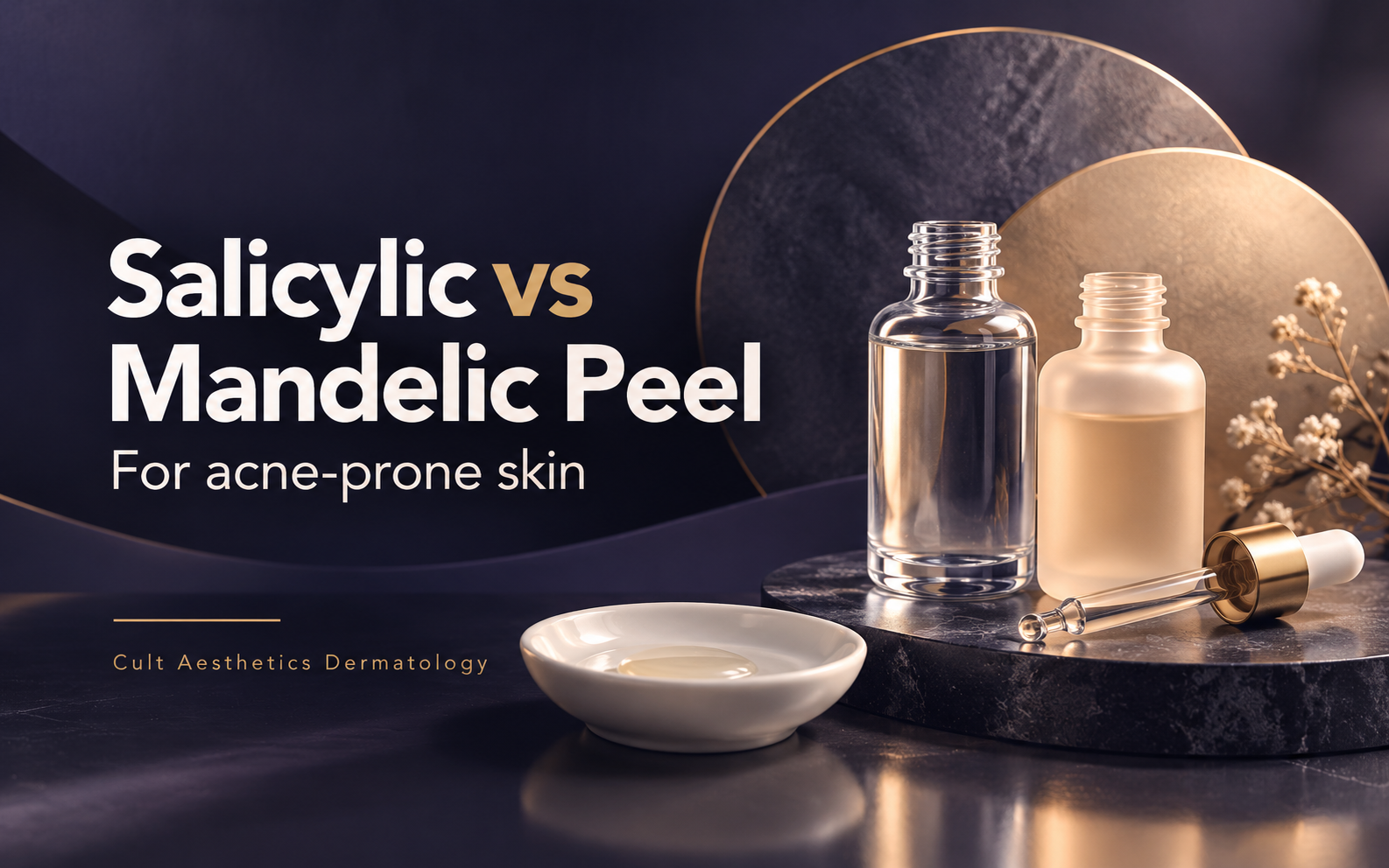 Salicylic vs mandelic peel for acne-prone skin, illustrated with skincare bottles.