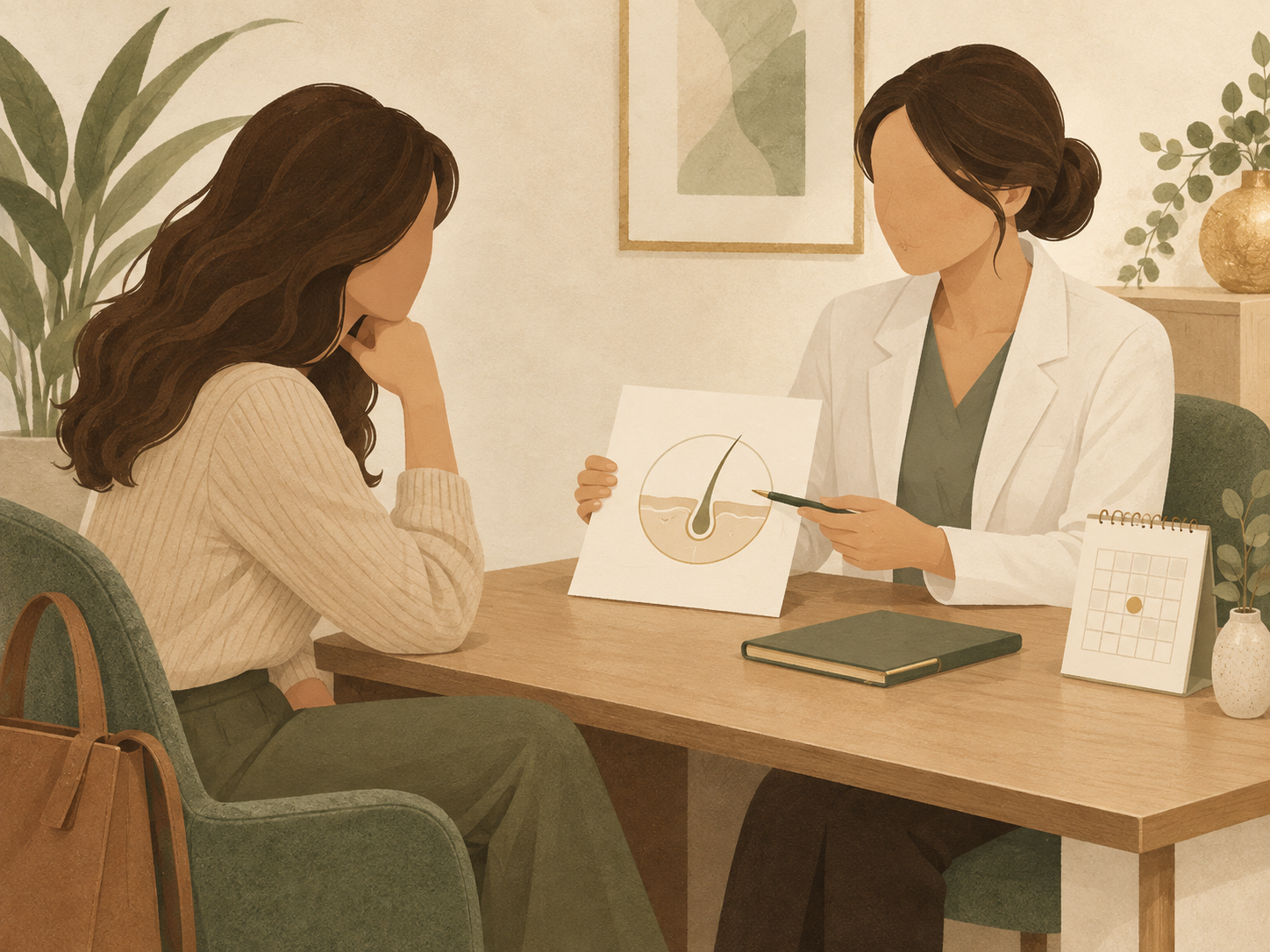 Illustration of an adult discussing hair and skin assessment during a consultation.