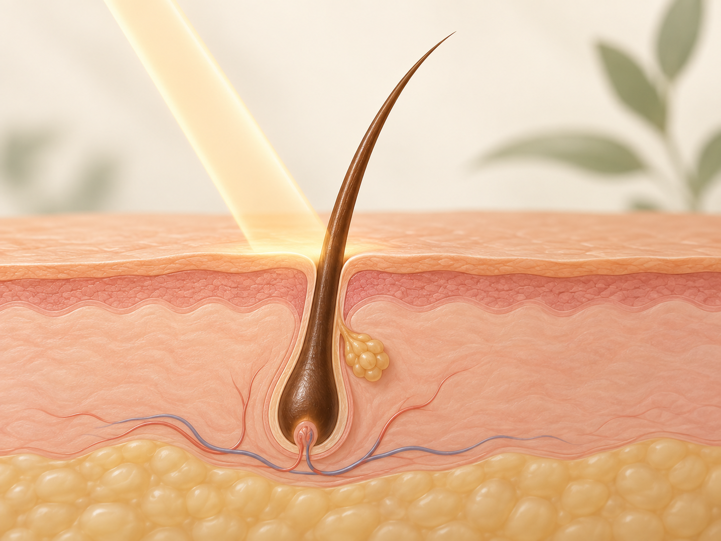 Simplified illustration of a hair follicle beneath the skin and light directed toward the treatment area.
